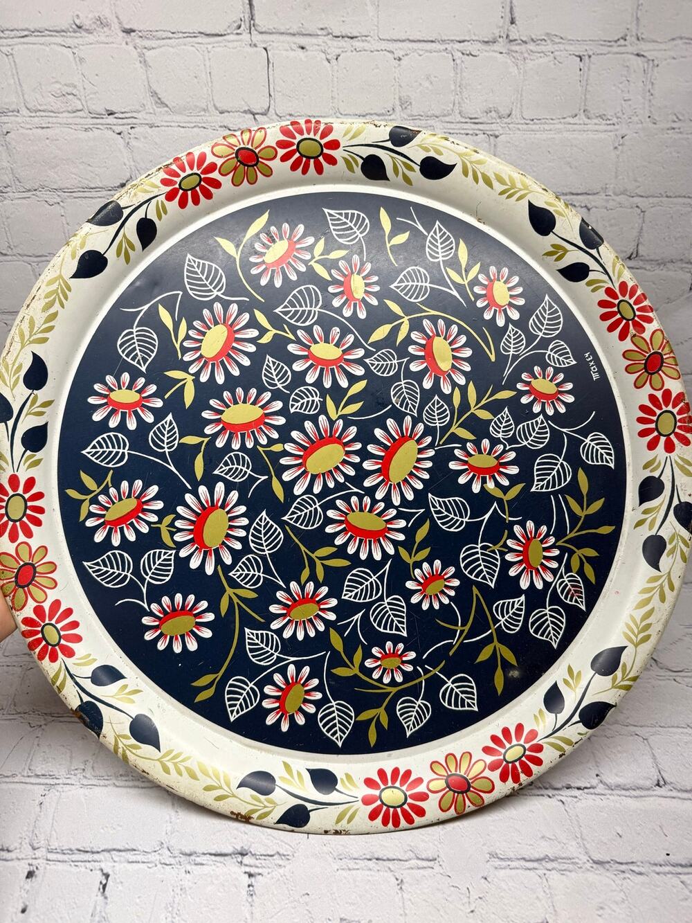 Vintage Maxey Large 16” Floral Design Round Metal Serving Tray